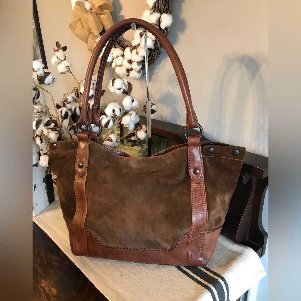 Frye Brown Suede and Leather Shoulder Tote - Picture 2 of 14